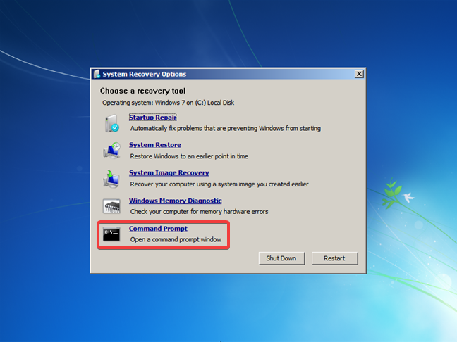 修复磁盘为 Windows 7 提供的系统恢复选项