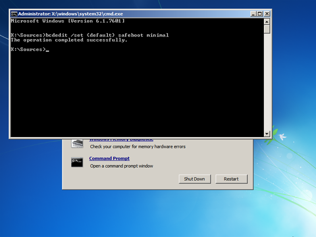 Activate Windows 7 Safe Mode from the Command Prompt