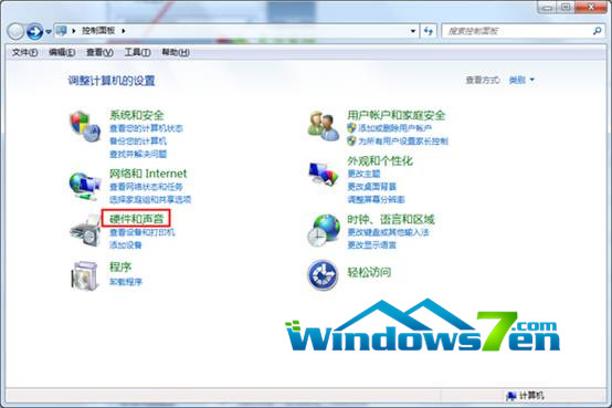 图2 点击“硬件和声音” 图2 点击“硬件和声音”